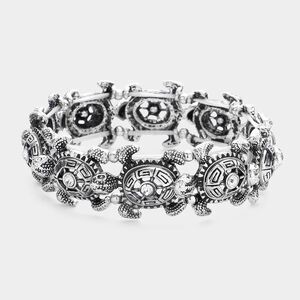 Clustered Turtle Link Antique Stretch Bracelet Silver Color Boho Jewelry Gift